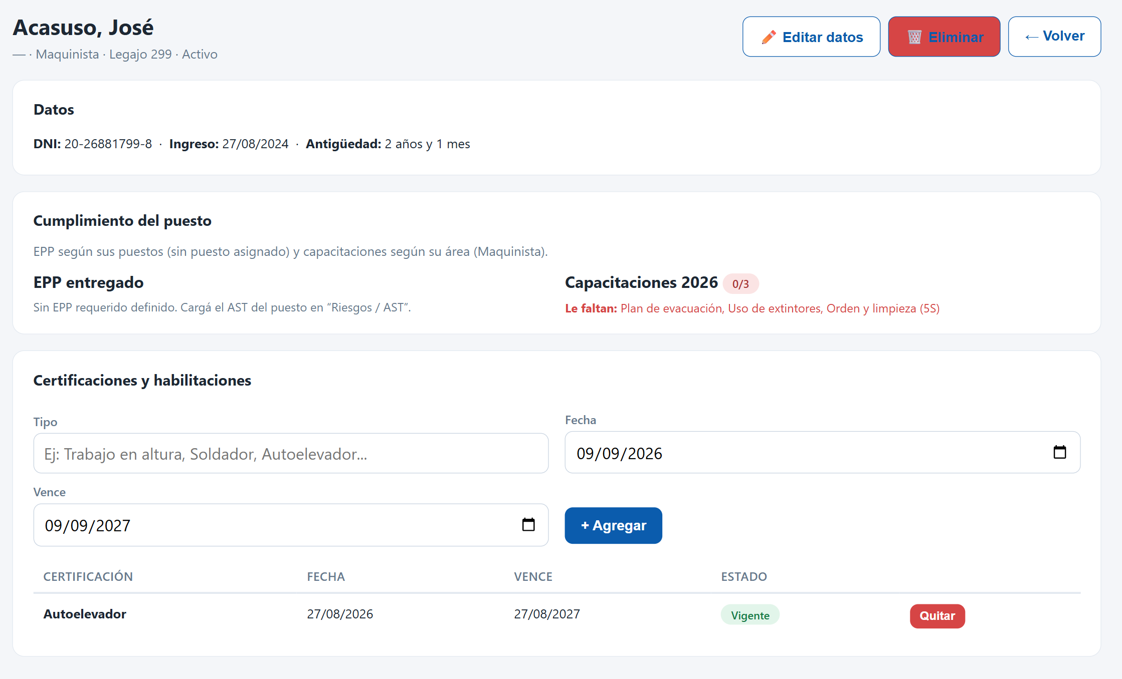 Registro de personal y certificaciones en PrevenGO